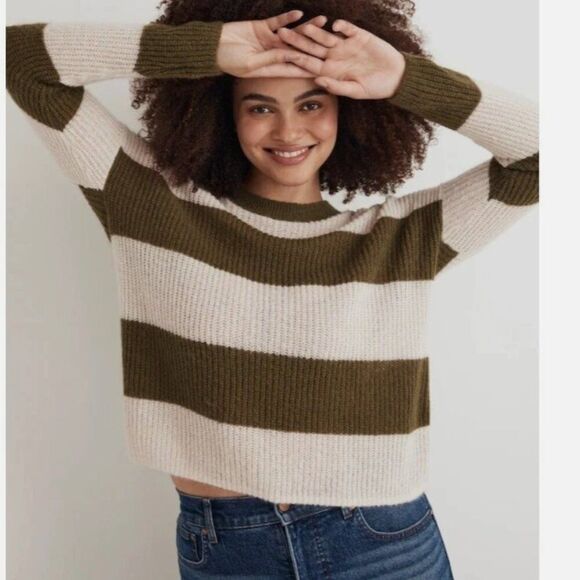 Madewell Sweaters - Madewell Striped Sweater Pullover Jumper Large Soft Olive Green Cream Large